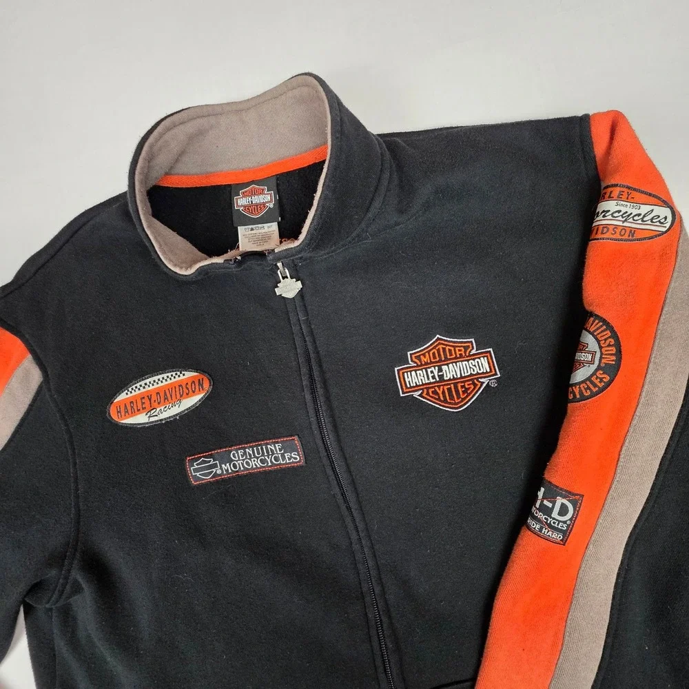 VTG Harley-Davidson Racing Full Zip Sweatshirt Mens Med Black Orange Patches Y2K